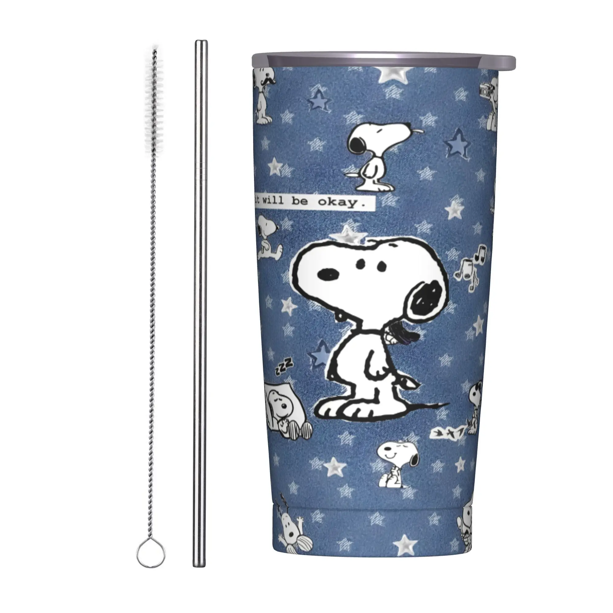 

Стакан Snoopys с мультяшной собакой и соломой, стаканы из нержавеющей стали, кружка с двойными стенками, вакуумная изоляция для холода или горячего, 20 унций