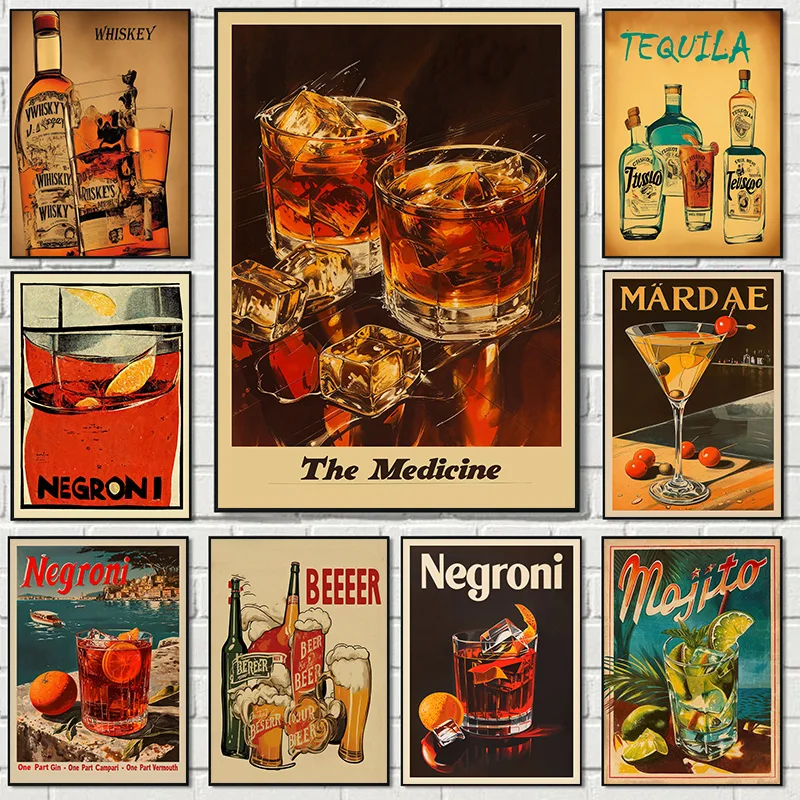 Vintage Wine Advertising Style Whiskey Illustration Bartending Poster Canvas Paintings Wall Art Pictures Bar Club Home Decor