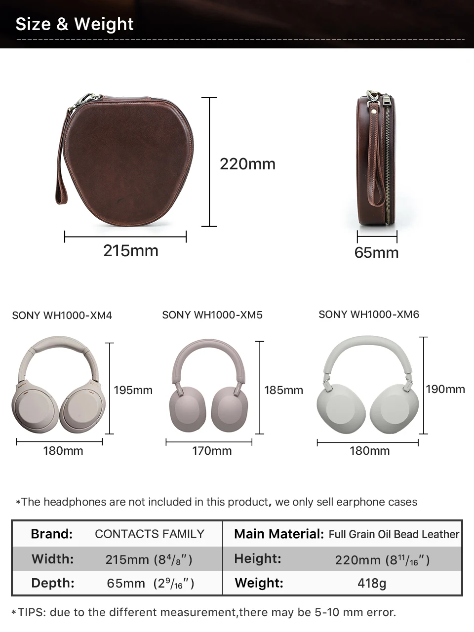 Echtledertasche für Apple AirPods Max SONY WH1000 XM4 XM5 XM6 Kopfhörer, Reise-Tragetasche, Schutzhülle, Aufbewahrungsbox – Detail 5