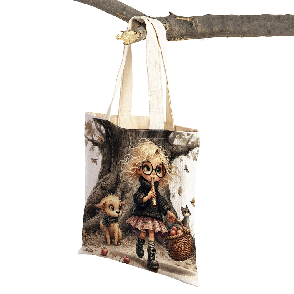 Women Tote Handbag Fairy Tale World Cartoon Forest Painting Girl Shopper Bag Children Gift Linen Double Print Lady Shopping Bags