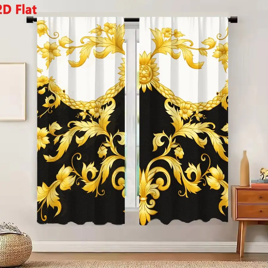 2Pcs Curtains Add 2D Flat Baroque Sun Motif Ornate Golden Pattern On Black And Cream Background Window Drapes for Bedroom Room D