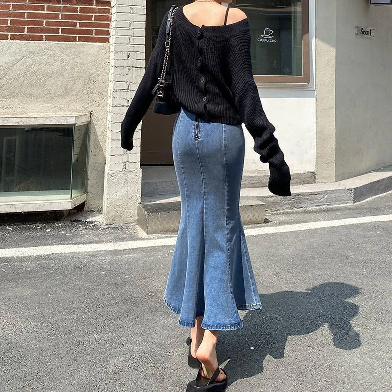 Women Long Denim Trumpet Skirts Sexy Vintage Splited Fork Hip-wrap 2023 Spring Autumn Female High Waist Stretch Mermaid Skirt