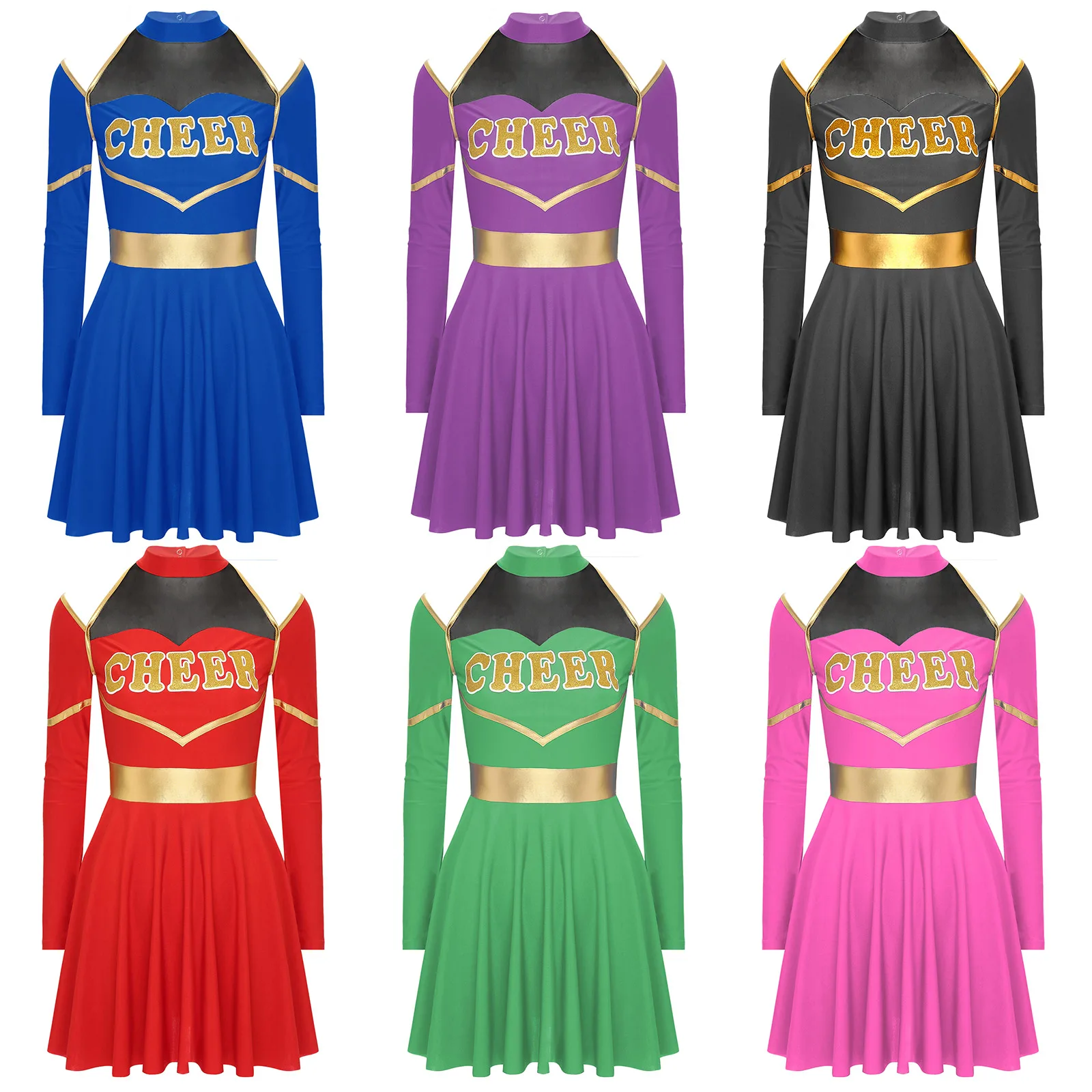 زي رقص مشجع للنساء ، فستان بأكمام طويلة مع جوارب ، عصابة شعر ، كرات زهور ، لقاء رياضي ، زي تنكري لطالبات المدارس