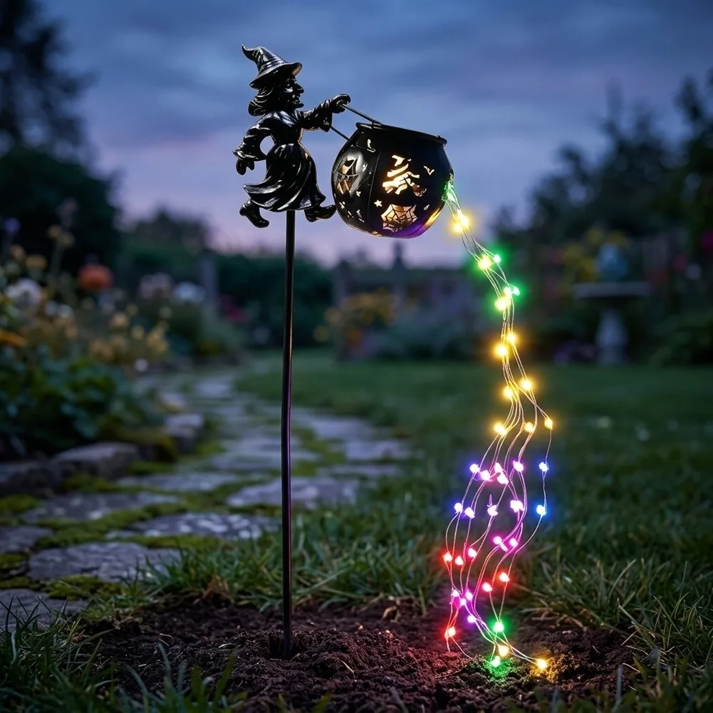Solar-Powered Witch Cauldron Garden Light Black Iron Spooky Yard Decor LED Stake For Outdoor Halloween Party Decoration Lighting