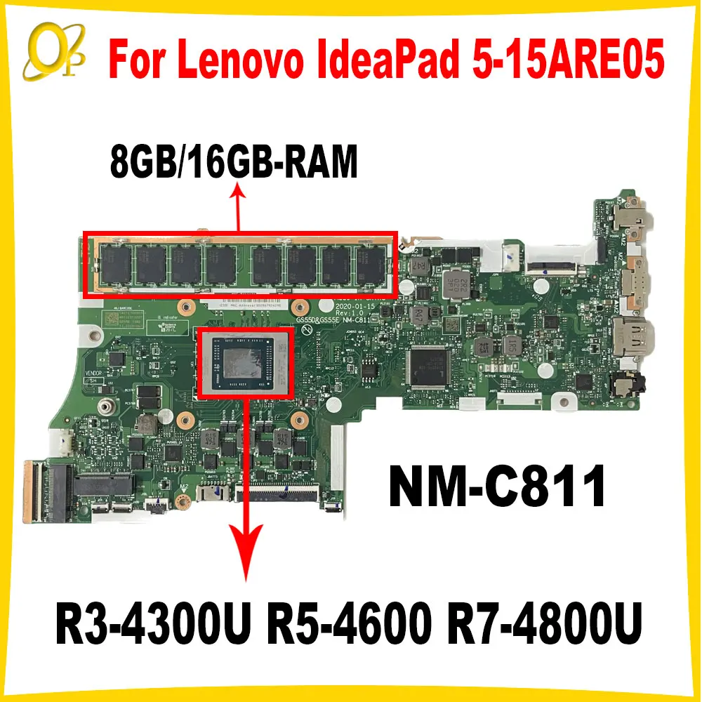 GS55D&GS55E NM-C811 for Lenovo IdeaPad 5-15ARE05 laptop motherboard 5B20S7254 with R3-4300U R5-4600 R7-4800U 8G/16G RAM Tested