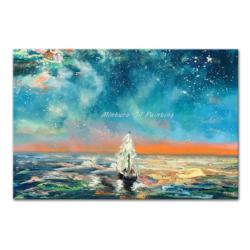 

Mintura Hand-Painted Handmade Oil Paintings on Canva Starry Sea And Ship Wall Art for Living Room Hotel Decor Home Decor Artwork