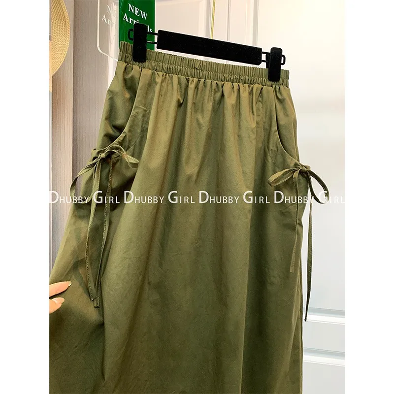 Summer Army Creen Skirts Womens 2023 New Vintage Skirt Elastic Casual Midi Skirt Women Clothes Jupe