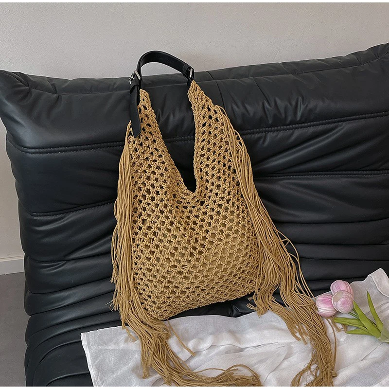 

Women's Straw Bag Large Capacity Crochet Tassel Beach Bag Highend Hollow Shoulder Bag Brand Design Travel Handbag Large Tote Bag