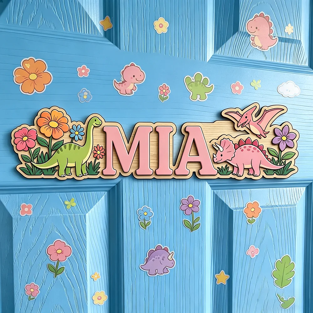 Whimsical Flower & Dinosaur Custom Name Plaque for The Dearest Baby, Neutral Unisex Nursery Wall Decor