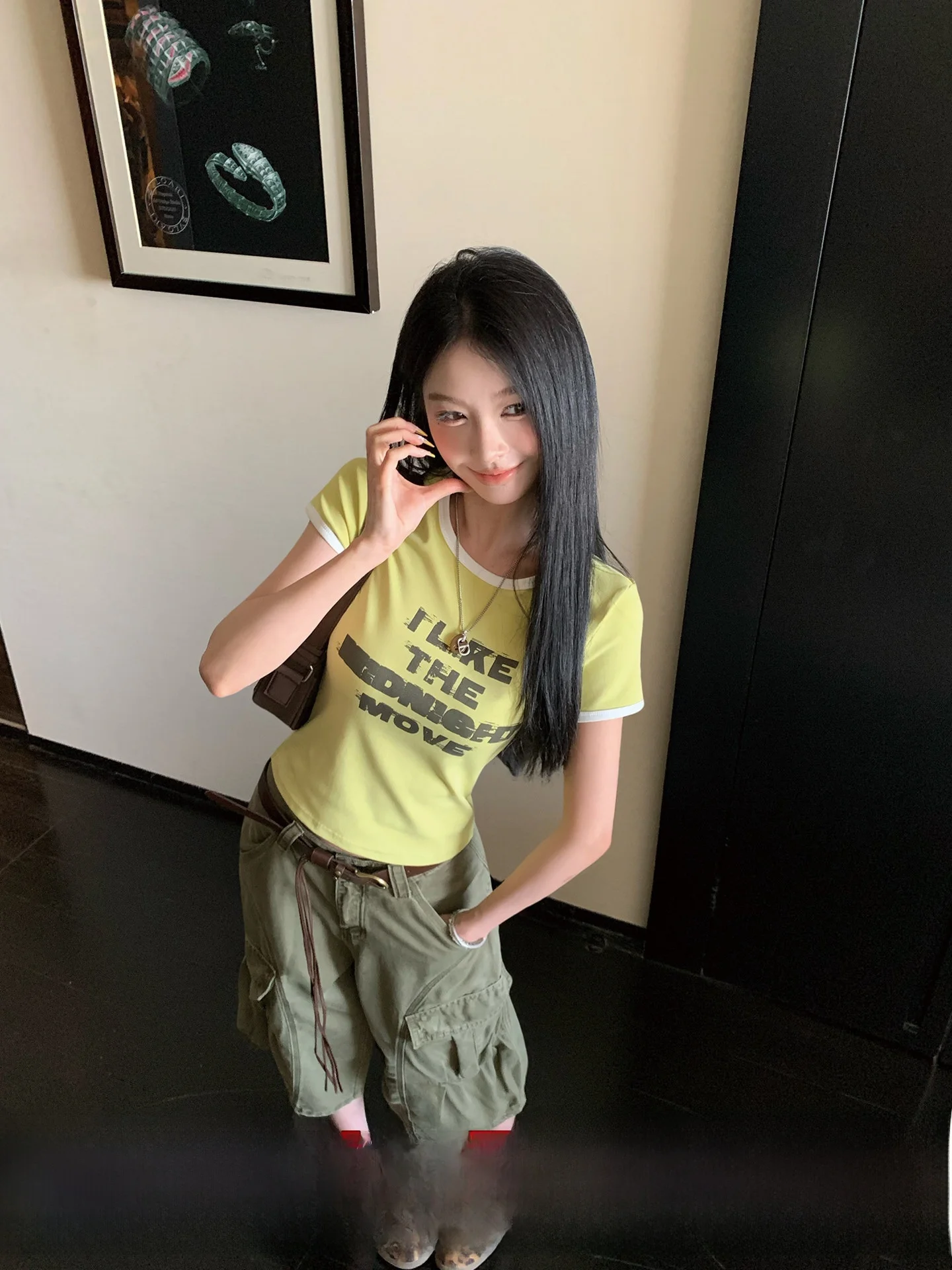 

Slim Fit ort Sve T-irt Women's Base Layer Summer Korean Sle Printed Cotton Blend Moisture ng round Ne Top