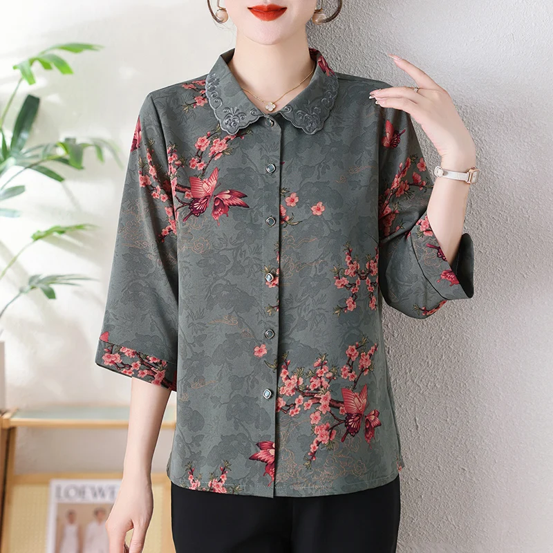 Temperament Versatile Summer Printing Women\'s Square Neck Embroid Single Row Multi Button Elegant 3/4 Sleeve Loose Shirt Tops