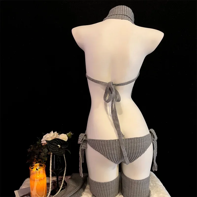 Women Cat Girl Anime Cosplay Costume - Gray Turtleneck Sweater Outfit Backless Knit Clothes with Garter Stocking 2026 view 3