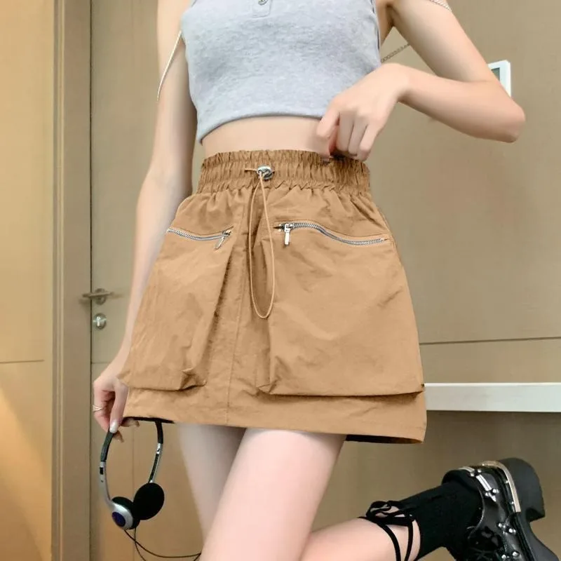 Mini Skirts Women Vintage Cargo High Waist Drawstring Techwear All-match Big Pockets Hotsweet Streetwear Baggy Designed Chic