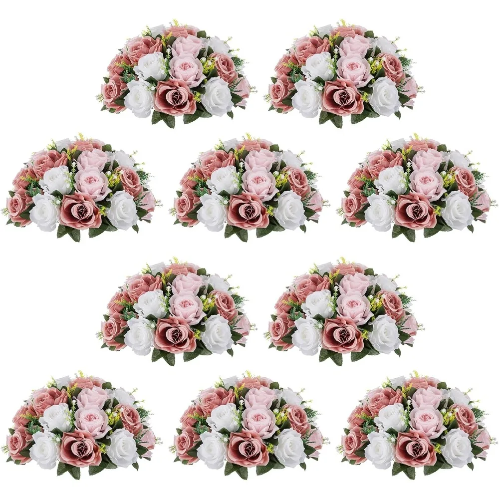 

10 Pcs 13.8in Diameter Dusty Rose & White Artificial Flower Ball Arrangement Bouquet Wedding Centerpieces for Tables