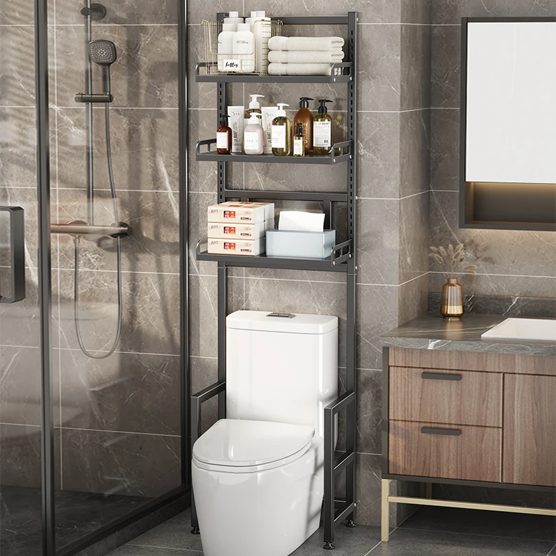 The Bathroom Storage Cabinets and Storage Shelves Above the Toilet Feature Adjustable Heights, Are Made of Rust-Resistant Metal Frames and Metal Partitions, and Contain Items Such as Toiletries, Towels, Decorations, Cosmetics, and Other Bathroom Supplies, Bathroom Shelves, and Toilet Shelves
