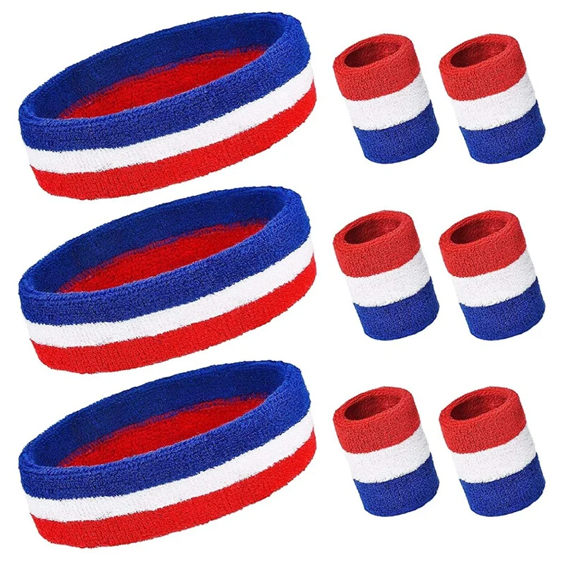 Conjunto de bandas para el sudor a rayas, que incluyen diademas y pulseras deportivas, banda para el sudor de algodón, estilo de bandera americana para hombres y mujeres