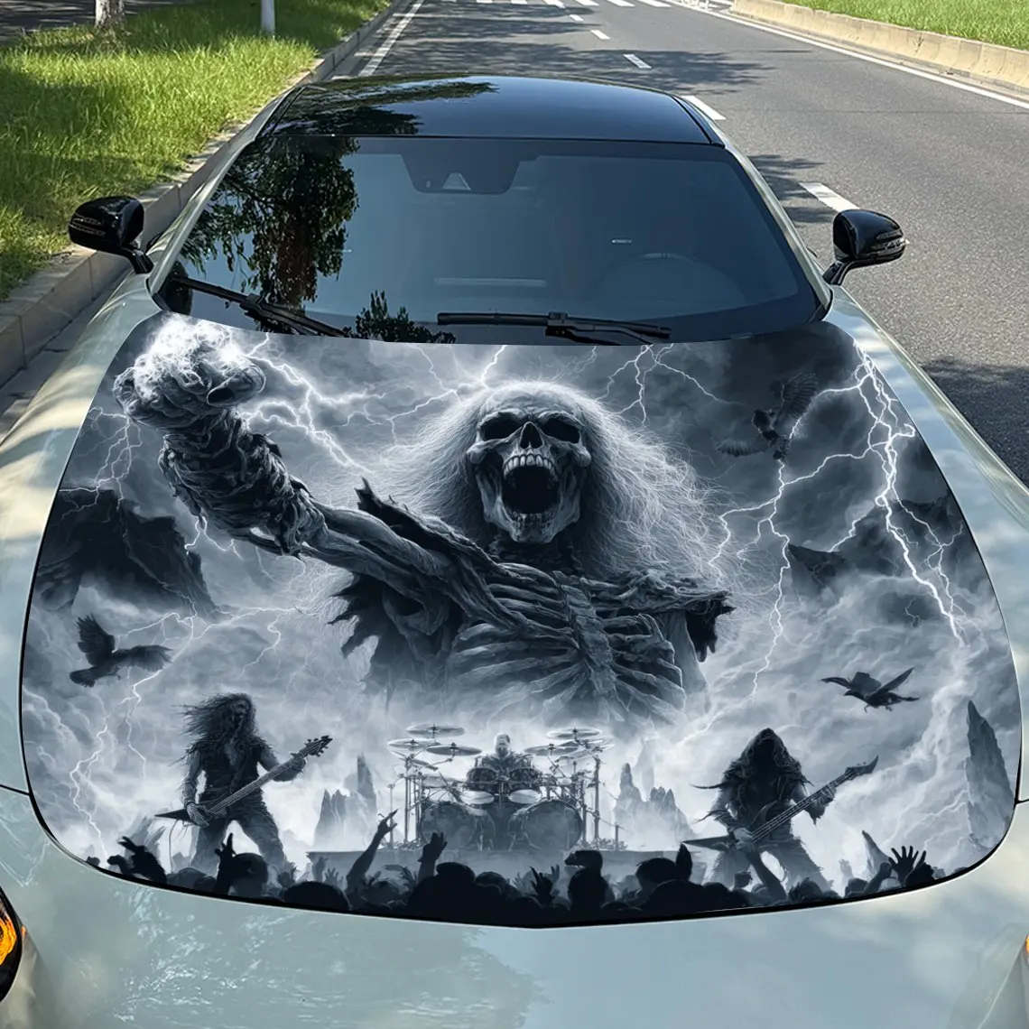 The Dark Skeleton Band Car Hood Sticker, Truck Decal, Durable Self-Adhesive Custom Car Accessories, Ideal For Car And Truck Hood