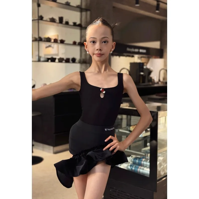 Customized Latin Dance Dress Red Flower Strap Thread Sleeveless Top Practice Clothes for Girls Cha Cha Samba Tango Rumba