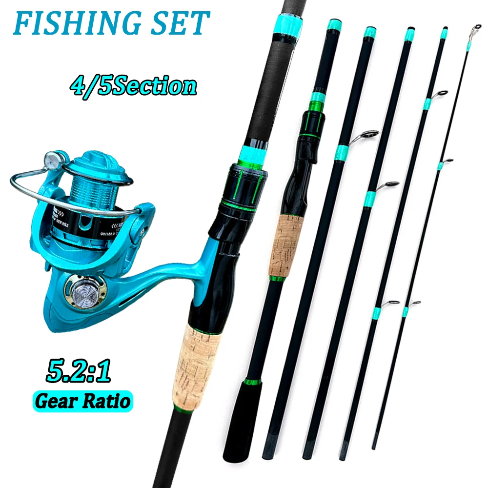 1.8/2.1m Lure Fishing Rod Combo Carbon 4/5 Sections Casting Spinning Rod 5.2:1 Gear Ratio Left/Right Hand Interchangeable Reel