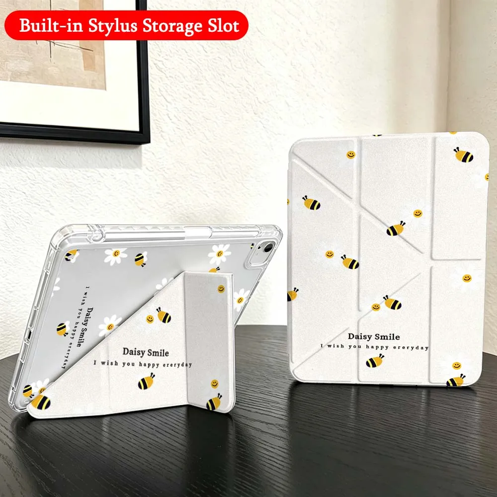 Daisy Bee Pattern Case For iPad Mini Pro Air 5 6 7 8 9 10th 11th 11 9.7 10.9 13 inch Transparent Y-Shaped Folding Tablet