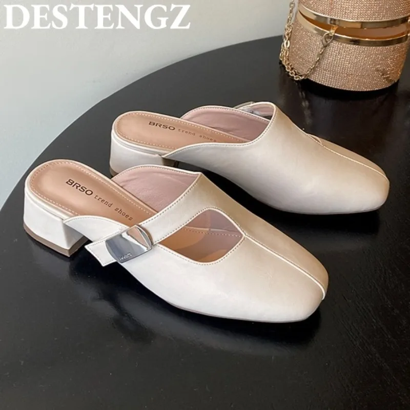 

Mules Women High Heels Slippers Sandals Woman Square Toe Shoes Slingback Summer 2025 Trend Chunky Shoes Comfort Pumps Slides