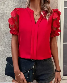 Women's Sexy V-Neck Puff Sleeve Blouse Semi-Sheer Mesh Panels Short