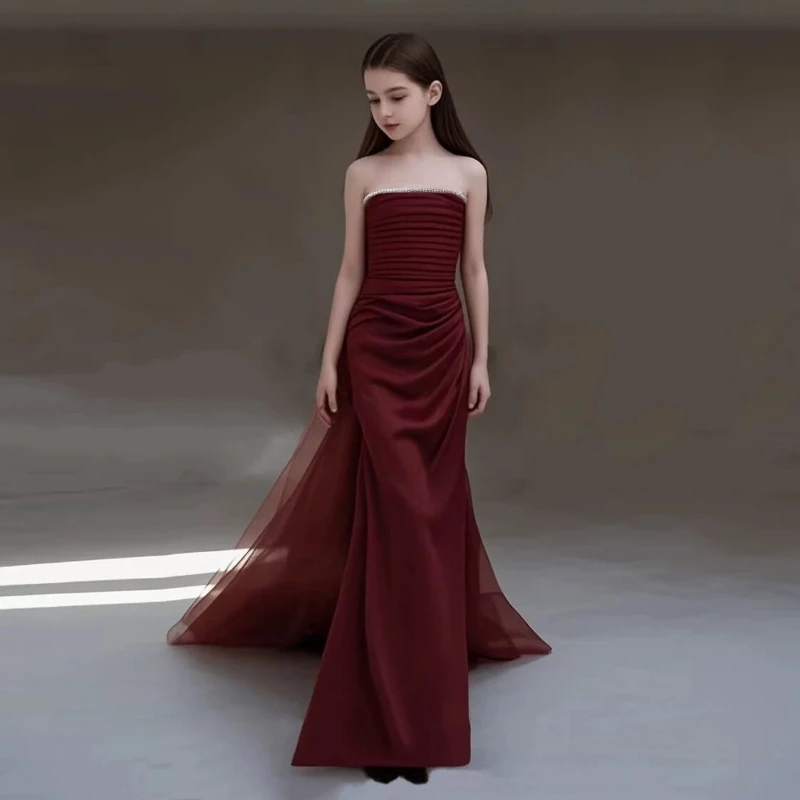 2026 Children Girls Wine Red Elegant Evening Gown Costume Kids Model Piano Host Performance Birthday Violin Pageant Long Dress
