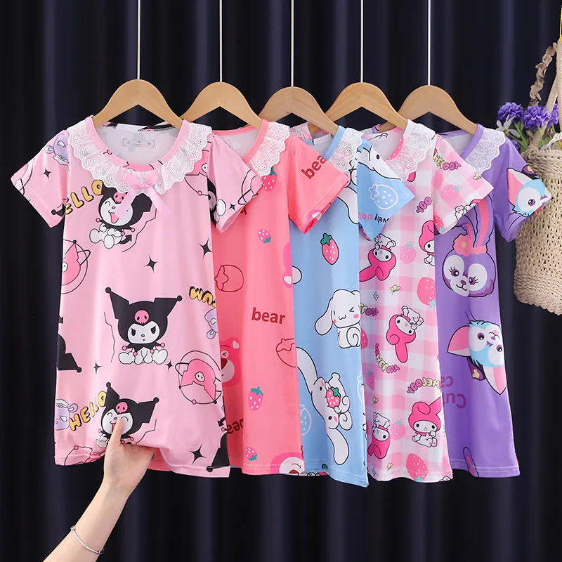 

Girls Soft Short Sleeve Nightgowns Children's Nightdress Kuromi Cartoon Pajamas Girl Nightgown ShortSleeve Kids Nighty Dress