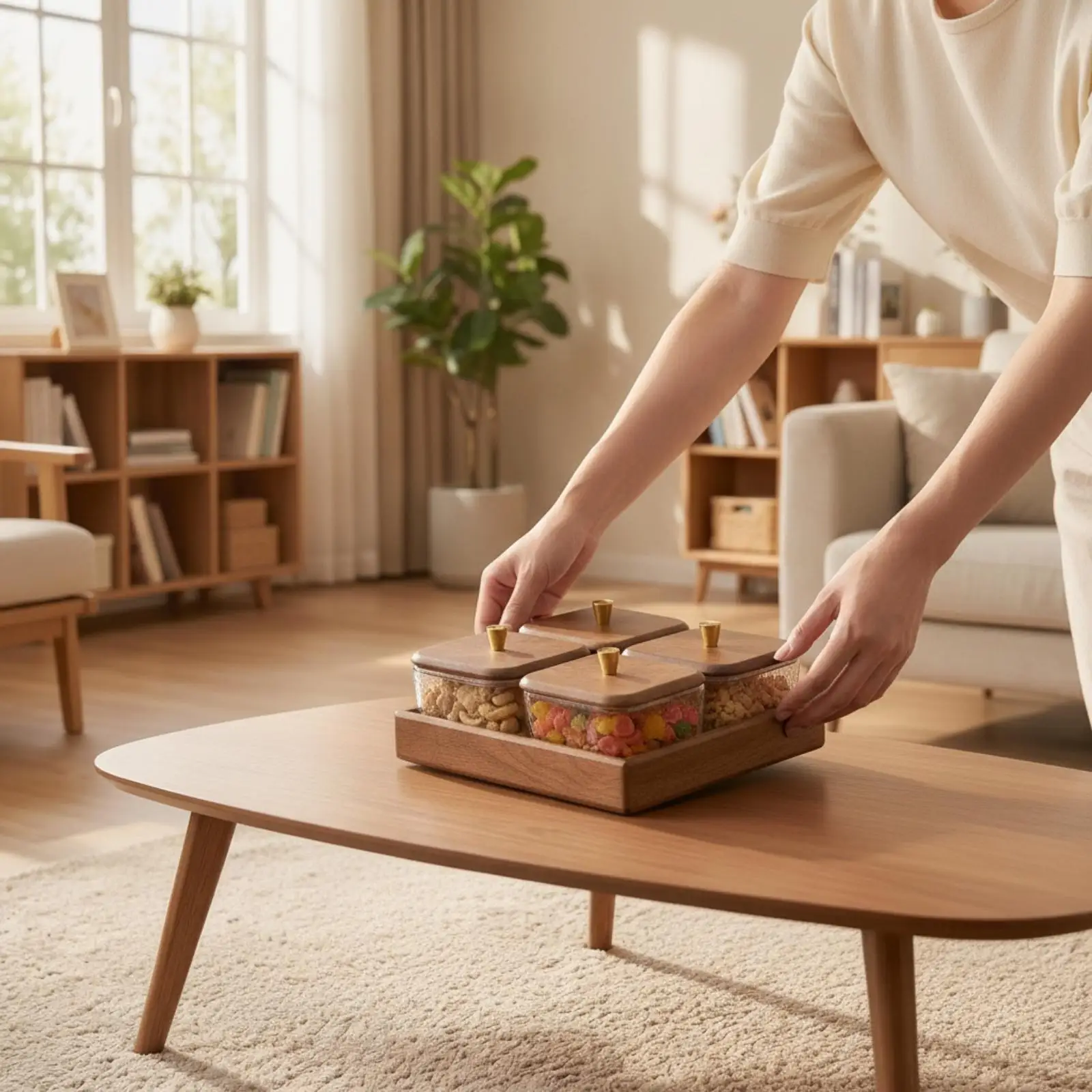 Walnut Wood Compartment Tray Glass Containers with Gold Knobs Decorative Tray for Hospitality Reception and Parties Walnut Wood Compartment Tray Glass Containers with Gold Knobs Decorative Tray for Hospitality Reception and Parties