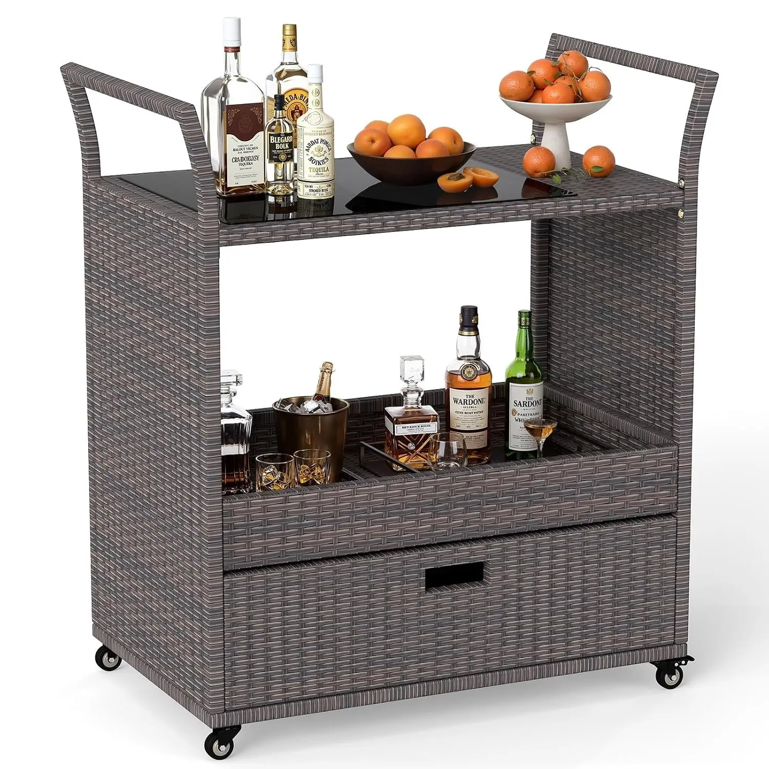 Outdoor Rolling Wicker Bar Cart, Bar Counter Table with Tempered Glass Top, Open Storage Shelf & Large Drawer, Customized