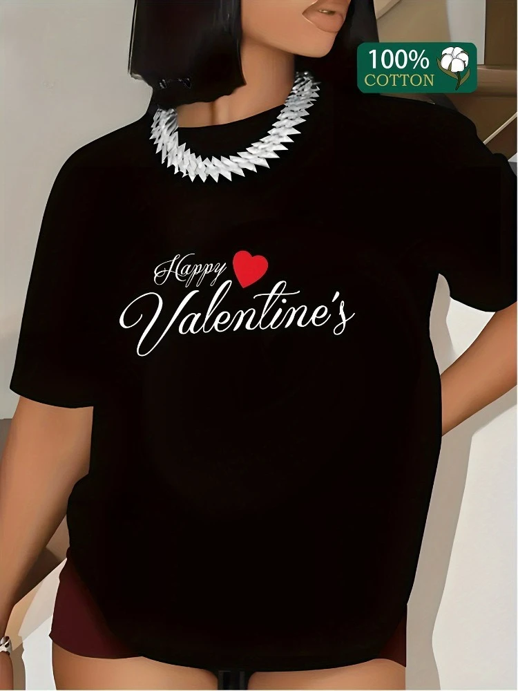 المرأة Y2K ريترو عيد الحب تي شيرت القطن عارضة تي شيرت يتميز عيد الحب سعيد نمط القلب جولة الرقبة قصيرة الأكمام