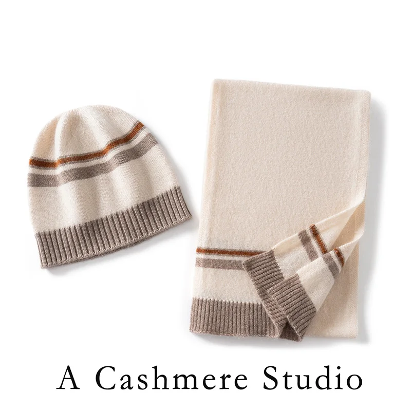 Cashmere Scarf Hat Set of 2 Unisex Fashion Striped Warm Beanie+Scarf Winter Outdoor Warm Knitted Scarves And Hats For Men/Women