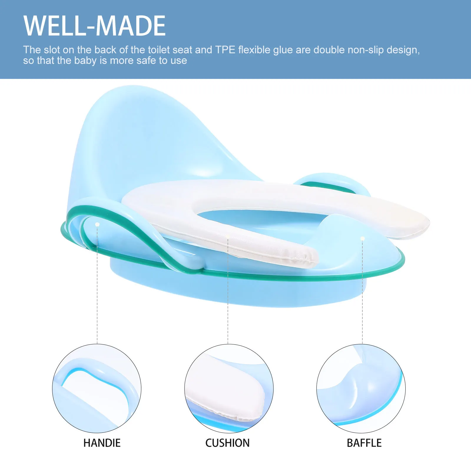 مقعد تدريب الطفل على استخدام المرحاض، مقابض مريحة مبطنة للظهر ومضادة للرذاذ لحلقات مدرب المرحاض من عمر 1 إلى 7 سنوات