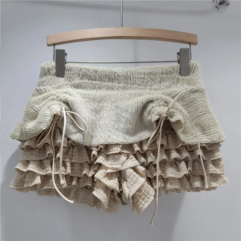 Sexy Furry Knitted Layered Ruffle Skirt Shorts 2025 New Autumn Winter Fashion Elegant Spicy Girl Drawstring Short Pants Y2K