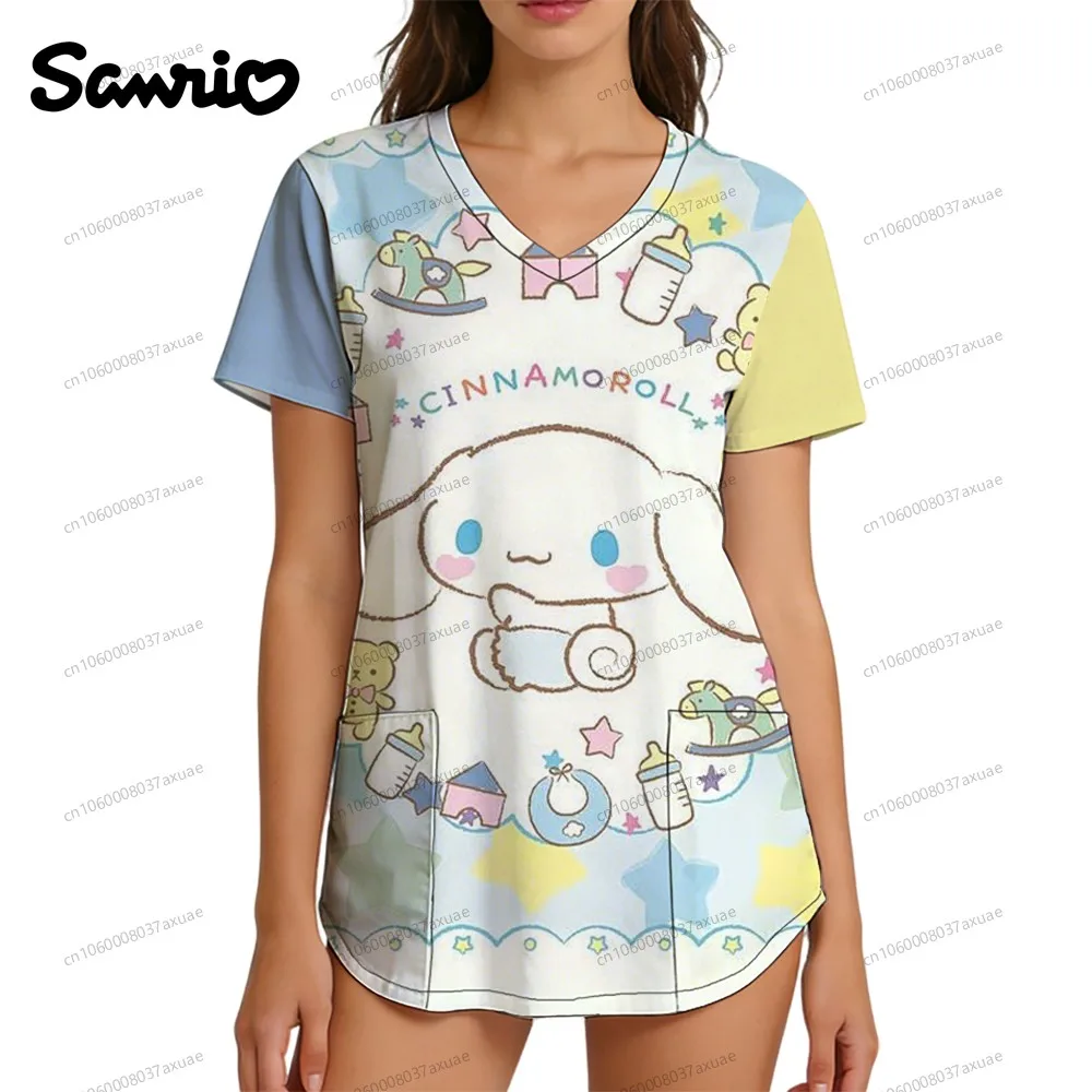 

Nurse Uniform V Neck T Shirt Women's T-shirt Clinical Uniform Woman Cinnamoroll Sanrio Anime Y2k Clothes Summer Women's Clothing