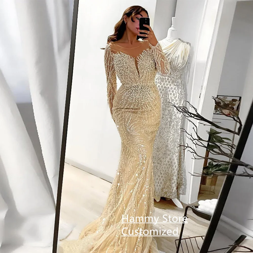 Sparkling Mermaid Evening Dress Customized V Neck Long Sleeves Beading Sweep Train Pearls Robe De Soiree Prom Party Gown