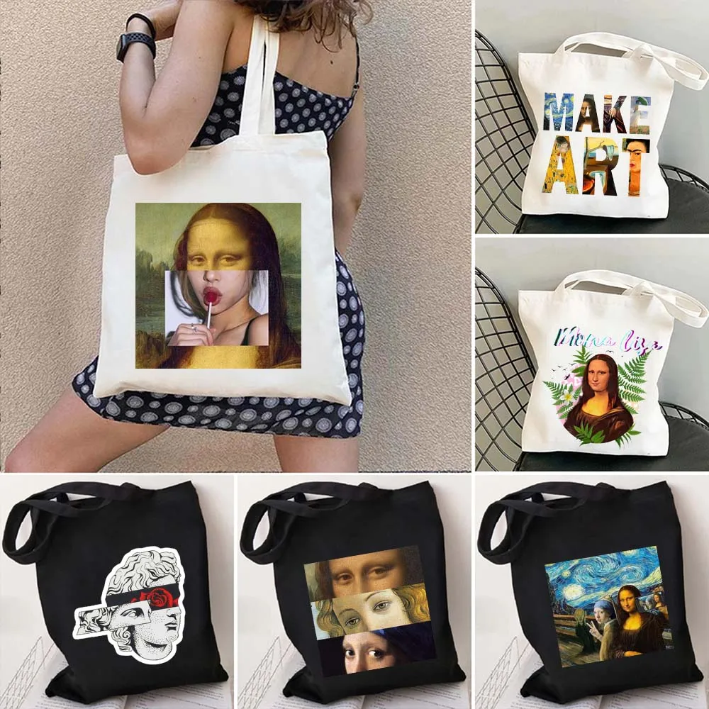 Famous Paintings Shopper Harajuku Canvas Tote Bag Smile Monalisa Van Gogh Heaven Virgin Mary Shopping Bags Oil Painting Handbags