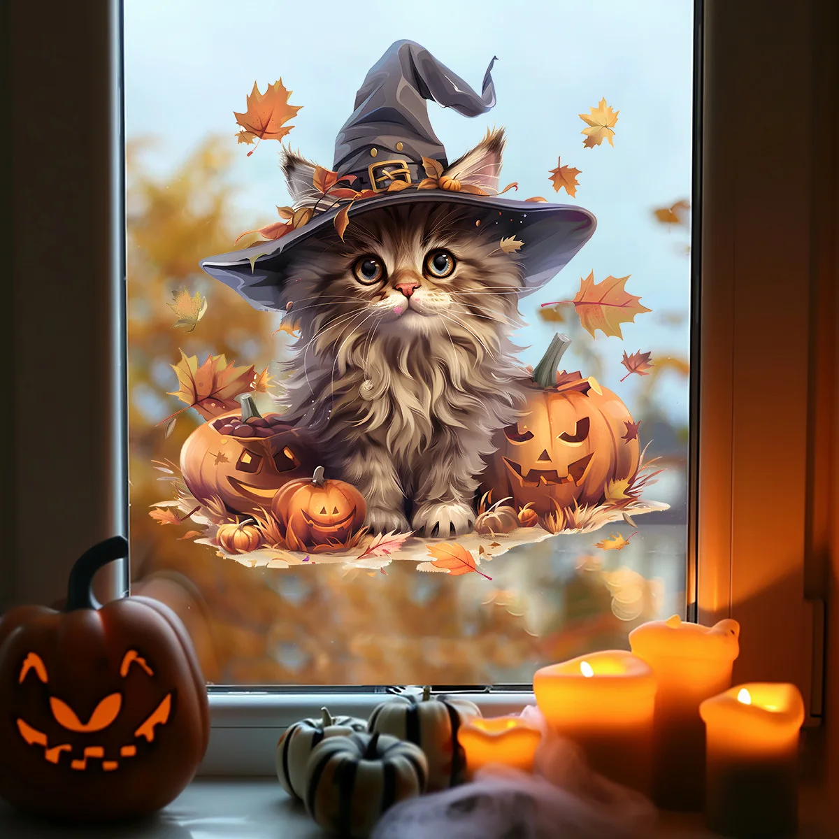 Halloween Pumpkin Cat Maple Leaf Glass Wall Stickers Bedroom Living Room Window Decoration
