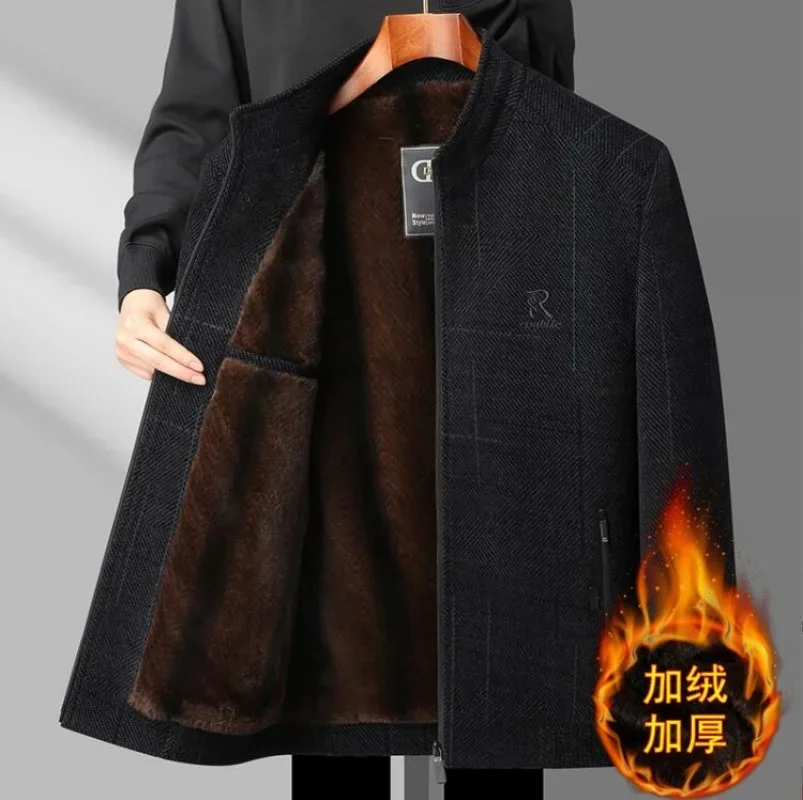 2023 Winter New Men's Coat with Thickened and Thickened Jacket Wool Business Casual Coat with Fur Collar Fashion Windproof Coat