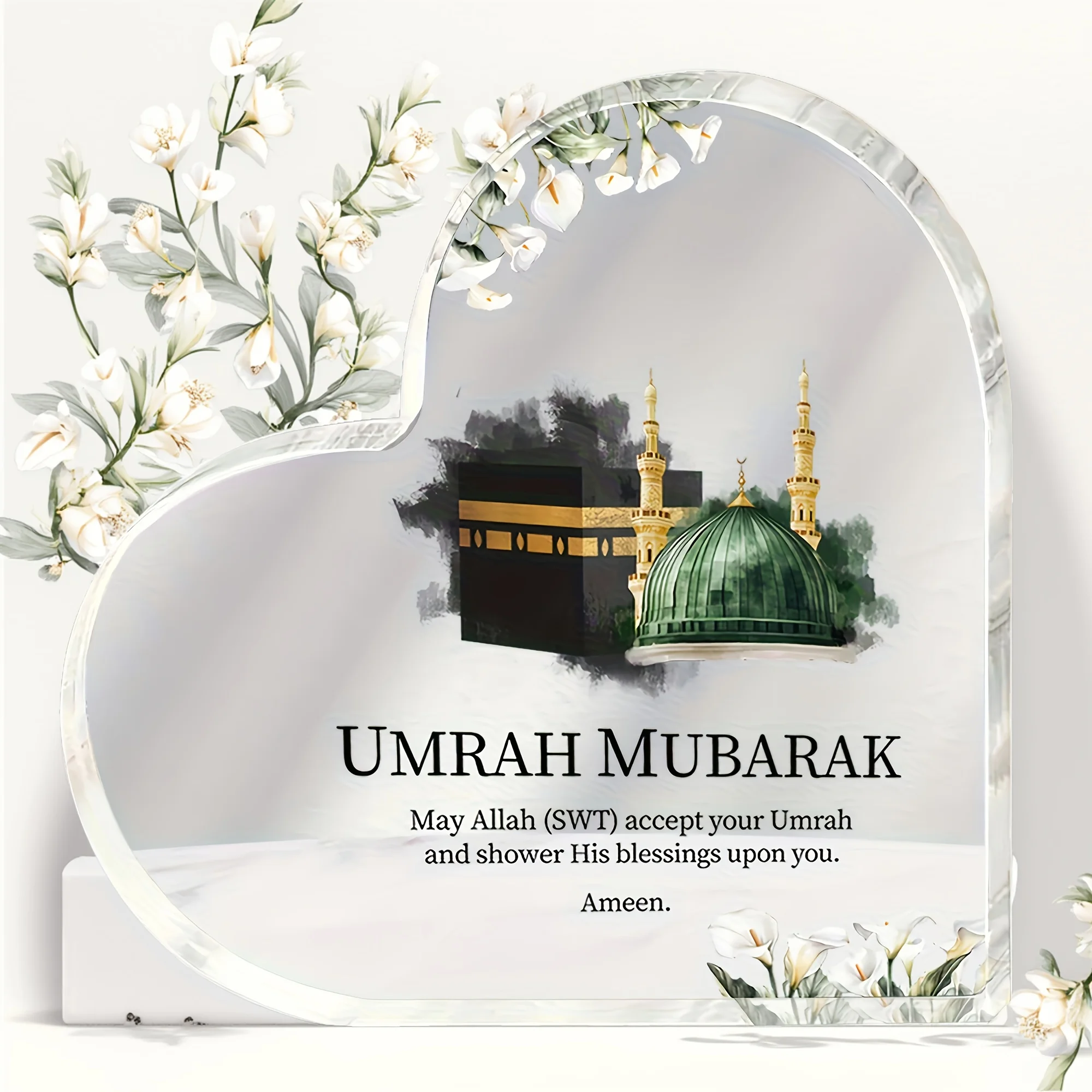 Umrah Mubarak Heart‑Shaped Acrylic Plaque Kaaba Mosque Floral Islamic Desktop Decor Heart Acrylic Stand Umrah Mubarak Gift, Floral Ornament Muslim Pilgrimage Keepsake Present