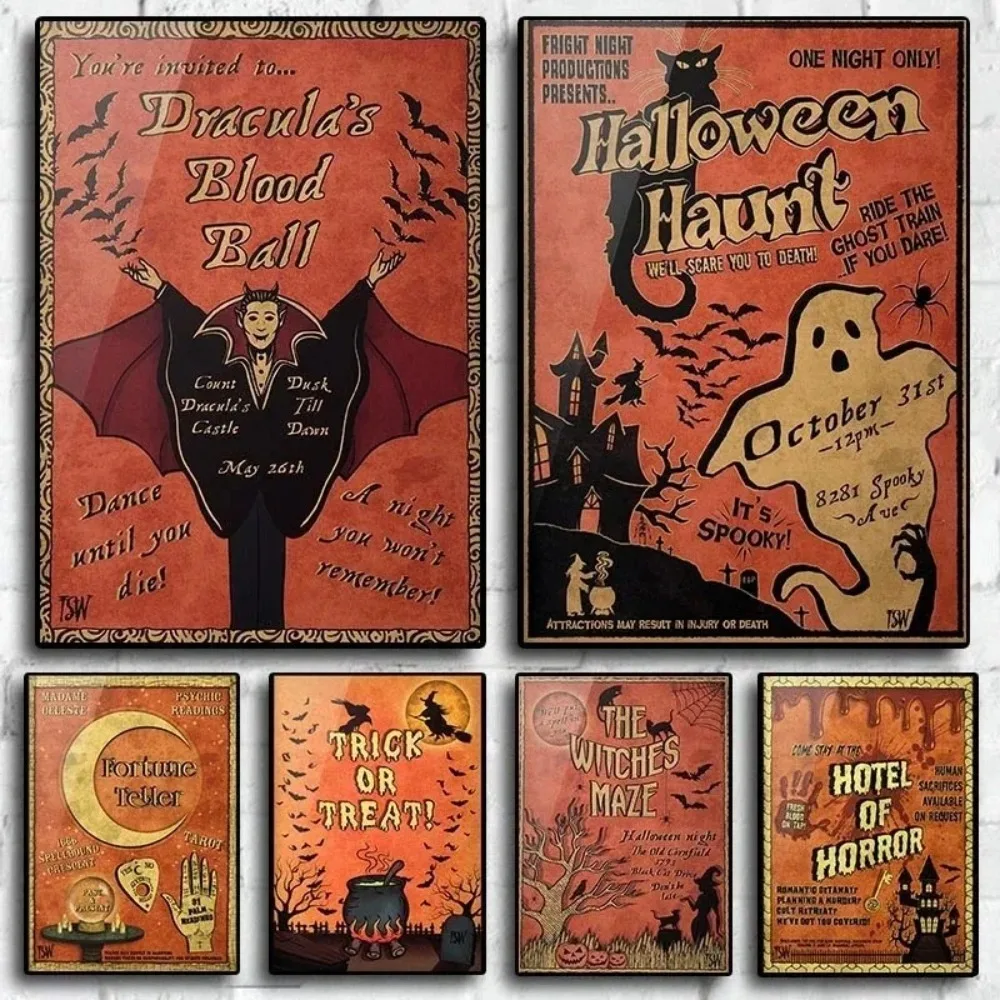 Vintage Aesthetic Ghost Spooky Halloween Art Print Poster Pop Horror Witch Haunted House Vampire Canvas Wall Art Home Room Decor