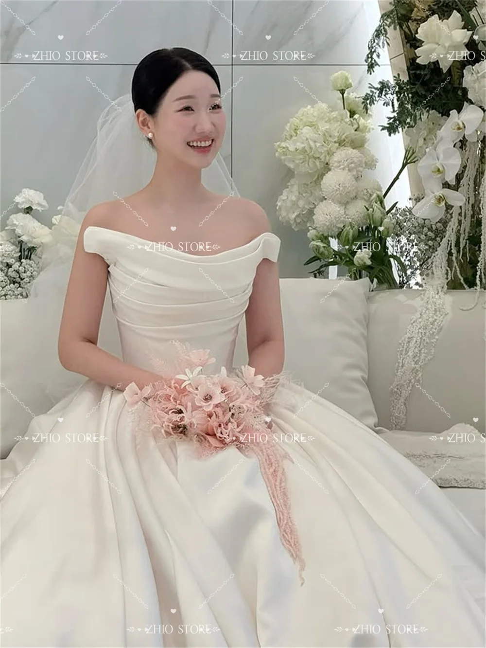 ZHIO Elegant Strapless A-line Wedding Party Dress Bubble Bottom Pendulum Gown Korea PhotoShoot Bridal Reception Dress Custom