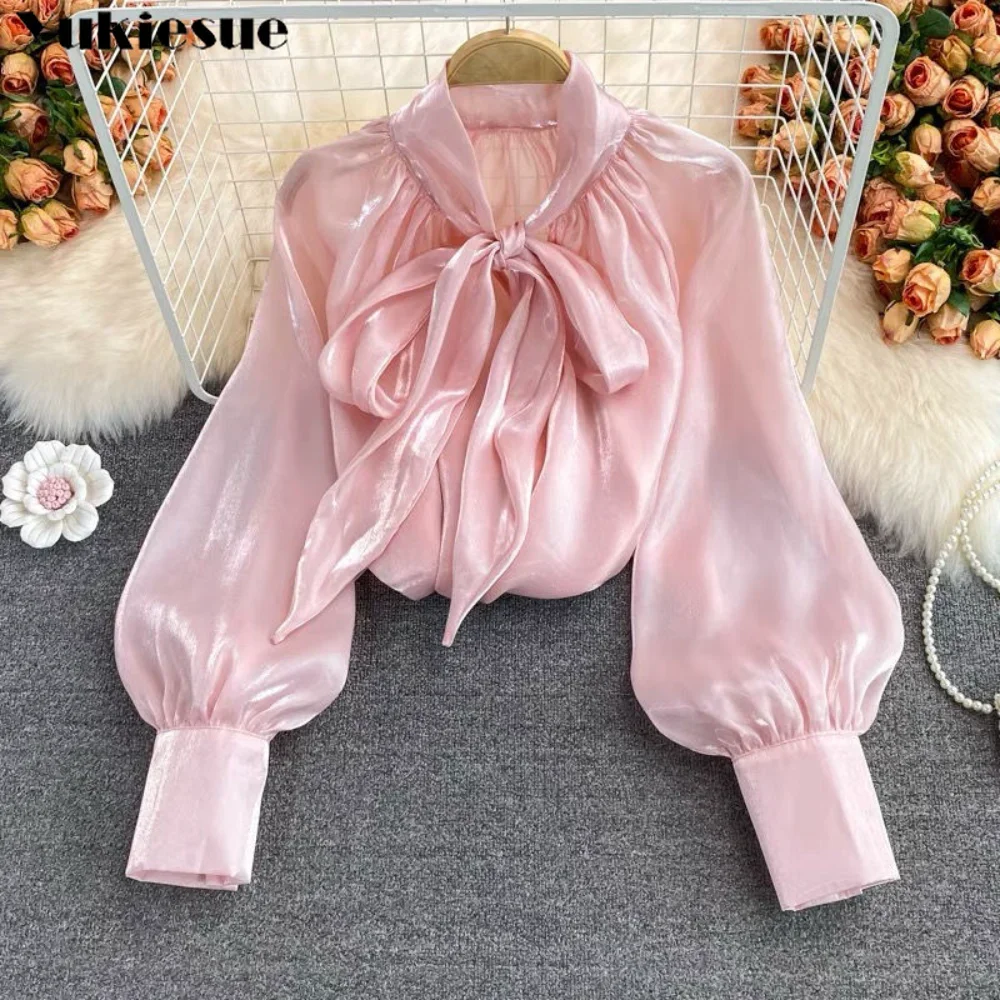 Spring Autumn Korean Harajuku Women\'s New Elegant Tops Bowknot Lantern Sleeves Trend Loose Temperament Solid Color Leisure Shirt