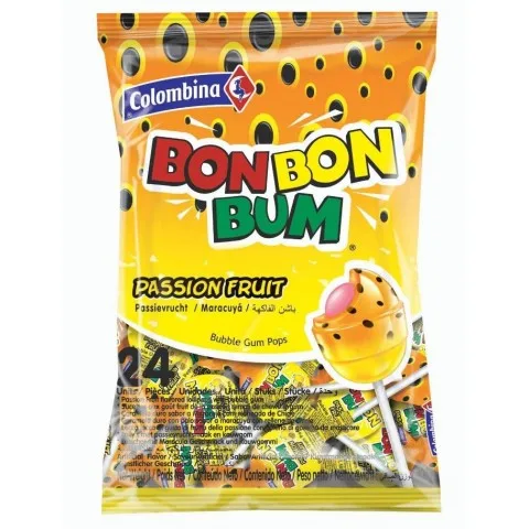 CARAMELOS CON PALO BON BON BUM MARACUYA FIESTA COLOMBINA BOLSA 24 UNDS