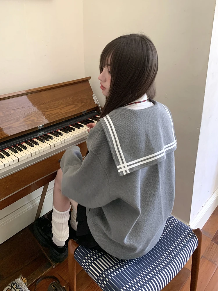 Gray Navy Neck Sweatshirt Jacket Women's College Style Loose Long Sleeve Sailor Suit Cardigan Spring and Autumn JK Jacket
