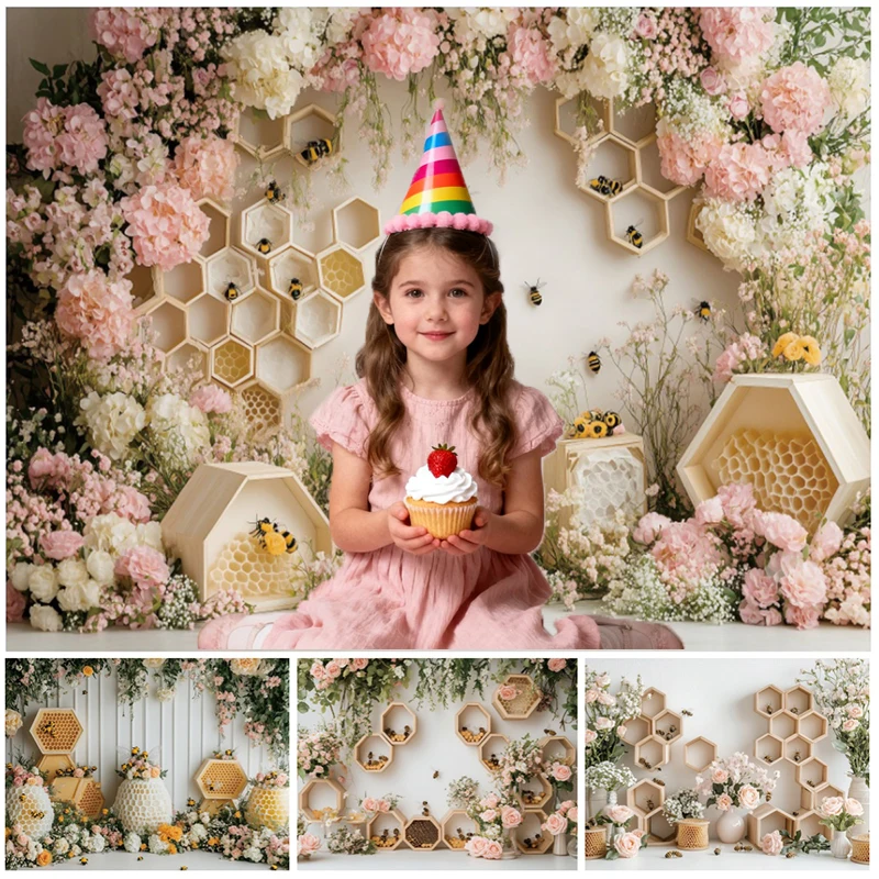 かわいい蜂のハニカム写真背景幕花子供赤ちゃん誕生日ビニールポリエステル子供パーティーポートレート装飾写真撮影の背景