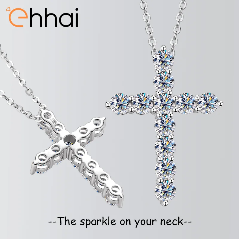 

Ehhai GRA Certified Round Moissanite Cross Pendant Necklace for Women Men 925 Sterling Silver Chain Religious Fine Jewelry Gifts