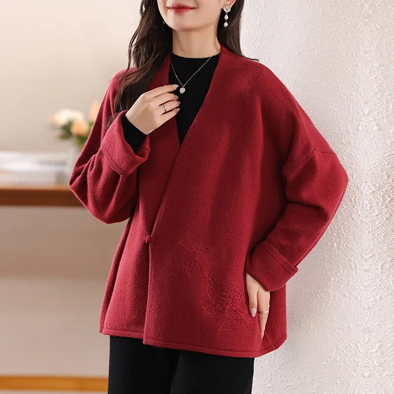 

Autumn And Winter New Pure Wool Women's New Chinese V-neck Cardigan Sweater Coat Wool Knit Cardigan