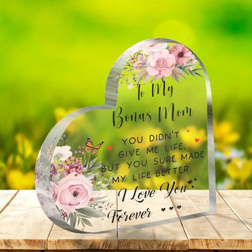 Heart‑Shaped Acrylic Plaque To My Bonus Mom Sentimental Keepsake Gift,Floral Butterfly Acrylic Heart Ornament Gift For Bonus Mom Mother’s Day