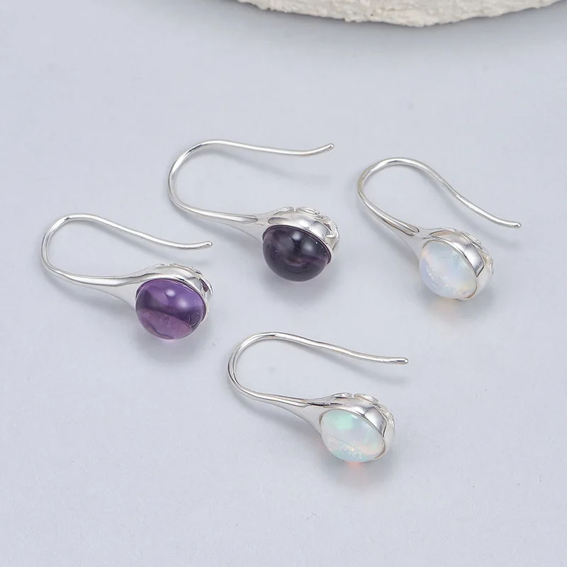 BOCAI New S925 Pure Silver Simple and Versatile Inlaid With Egg Shaped Amethyst Opel Earrings Women's Selected Gift